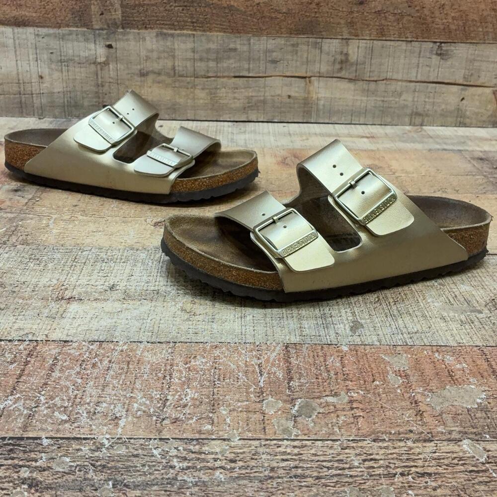 Birkenstock Arizona Sandals Womens Size 7 N 38 Gold PVC Slide Comfort Shoes